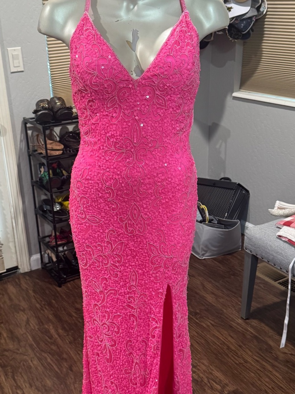 Hot Pink Beaded V-Neck Evening Gown